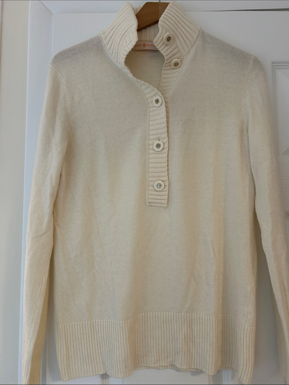 Tory Burch Cream Ribbed Half-Placket Sweater